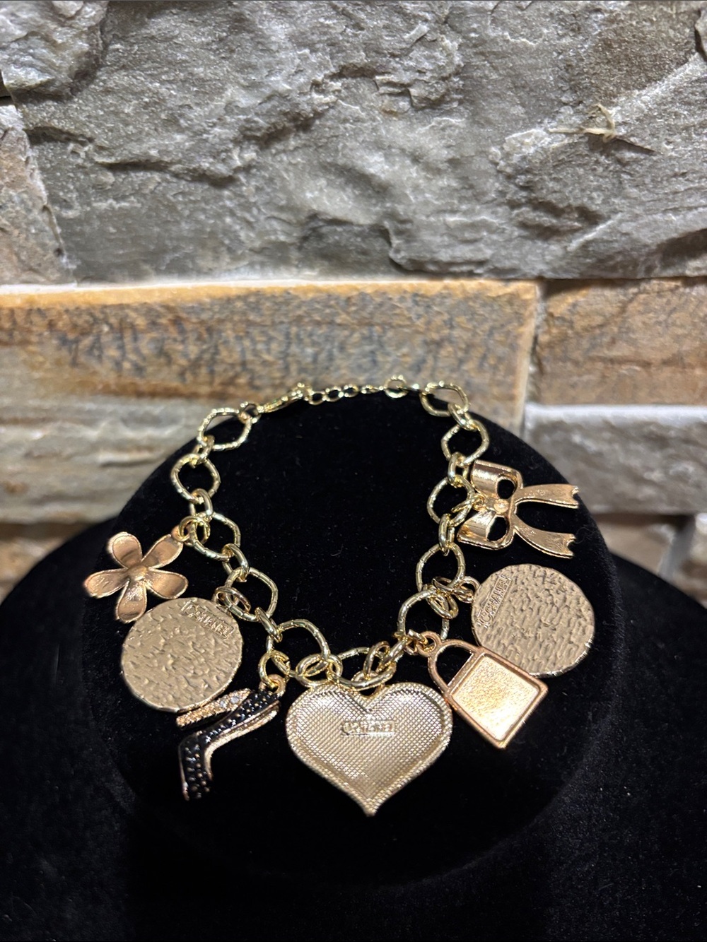 Gold Charm Bracelet with Black Enamel CC Heart and Decorative Charms - Picture 3 of 4